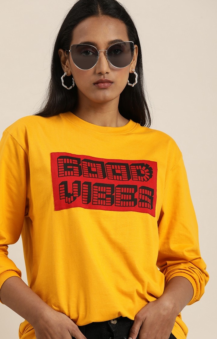 Women's Mustard Cotton Typographic Printed Oversized T-Shirt