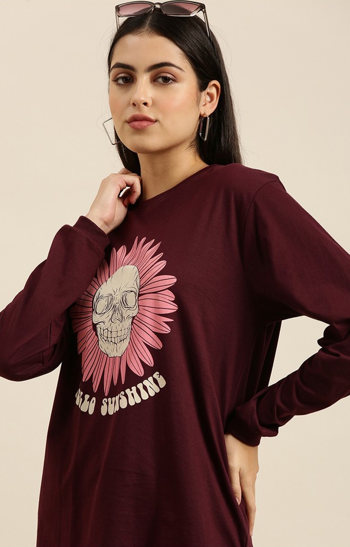 Difference of Opinion | Women's Wine Cotton Graphic Printed Oversized T-Shirt 2