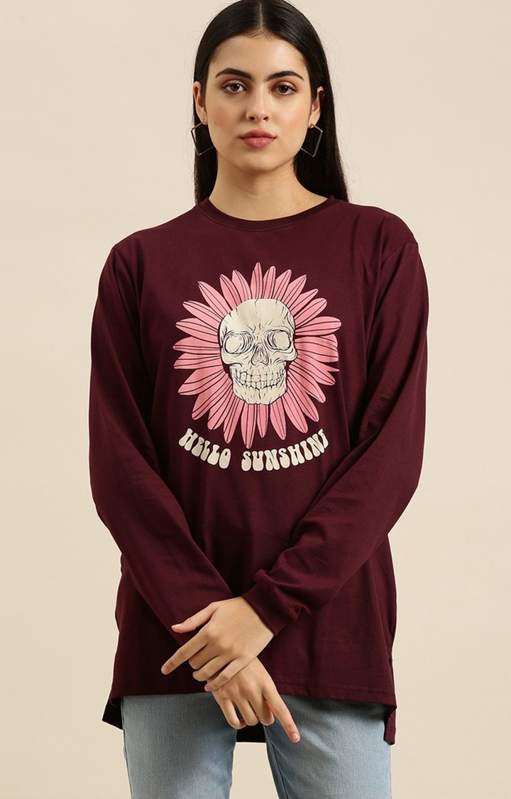 Difference of Opinion | Women's Wine Cotton Graphic Printed Oversized T-Shirt