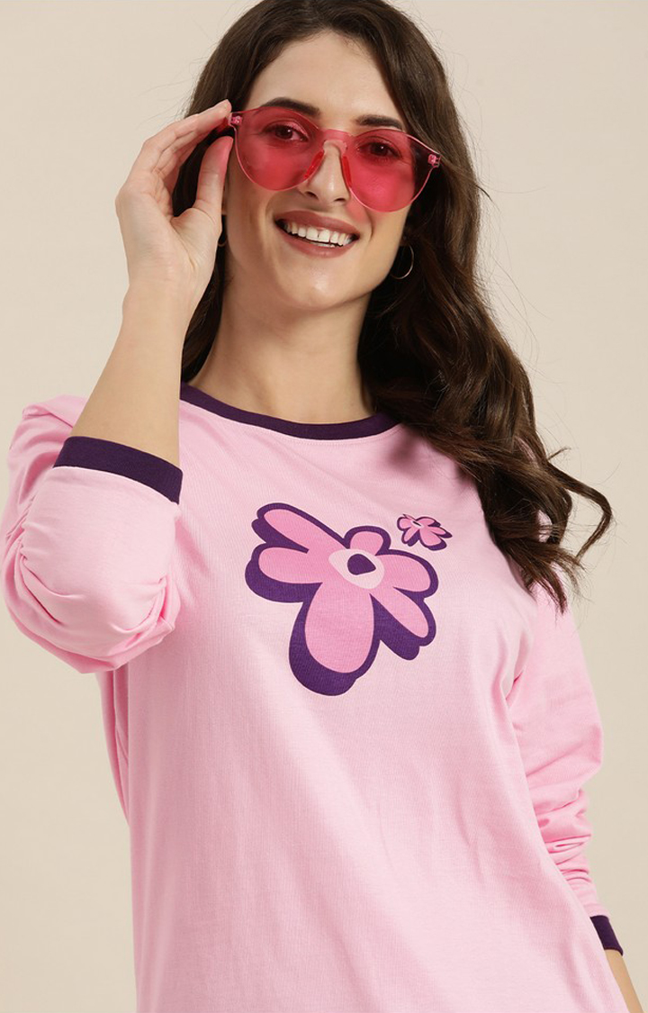 Women's Pink Cotton Floral Oversized T-Shirt