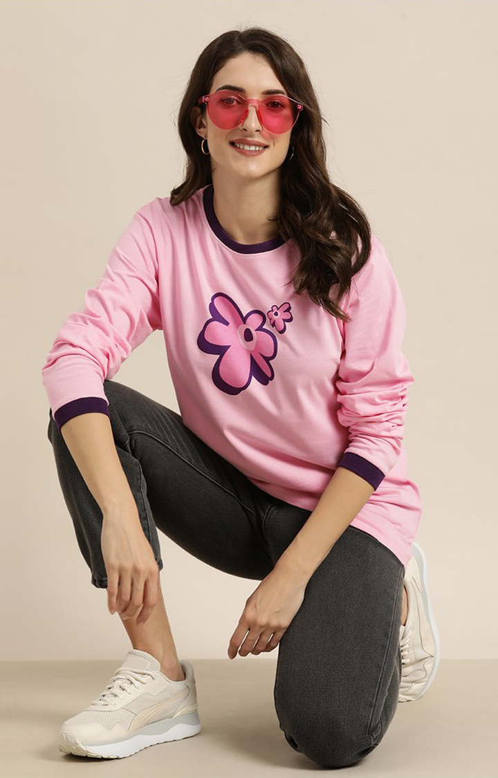 Women's Pink Cotton Floral Oversized T-Shirt