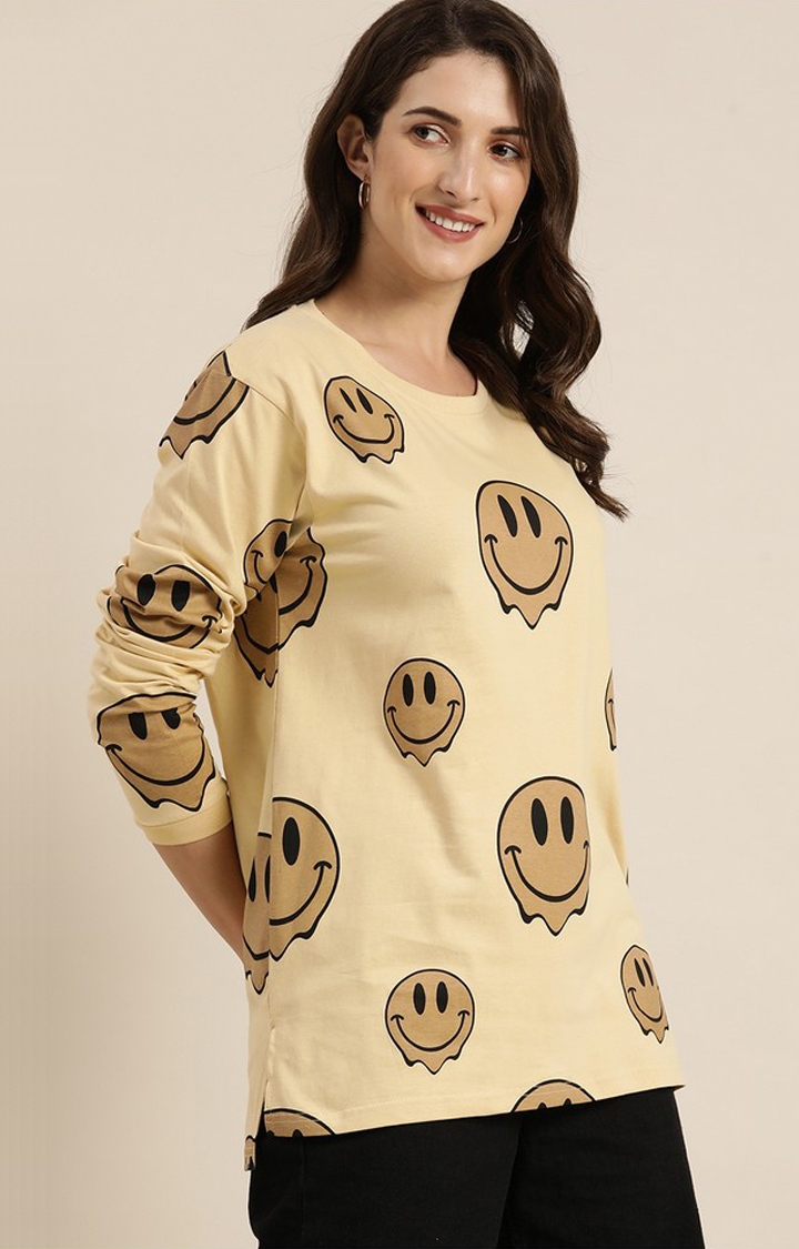 Difference of Opinion | Women's Beige Cotton Graphic Printed Oversized T-Shirt 0