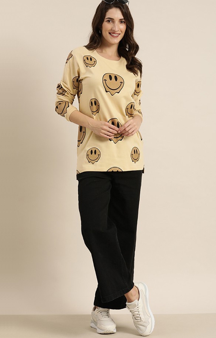 Difference of Opinion | Women's Beige Cotton Graphic Printed Oversized T-Shirt 1