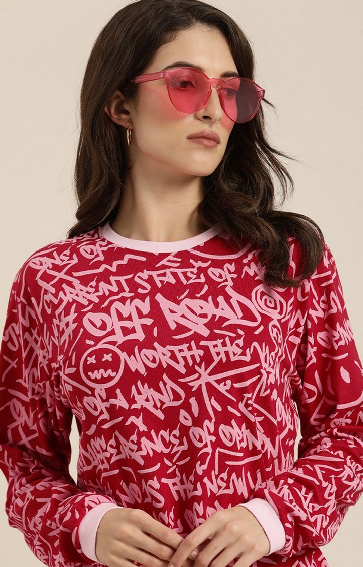 Women's Red Cotton Graphic Printed Oversized T-Shirt