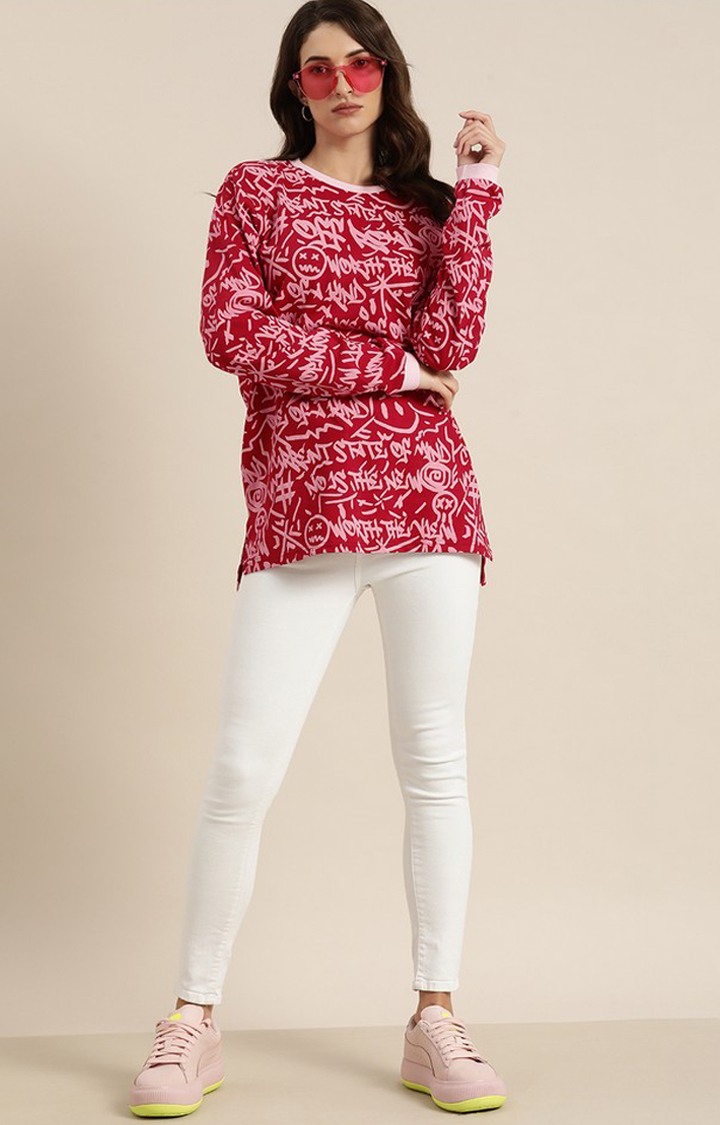 Women's Red Cotton Graphic Printed Oversized T-Shirt