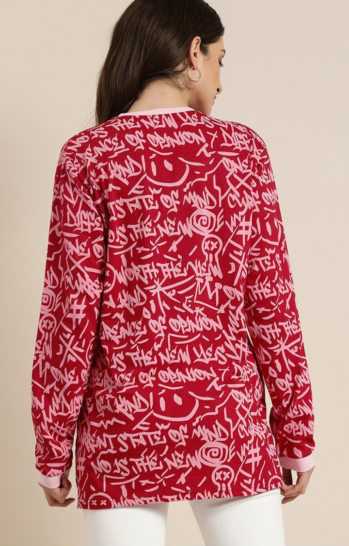 Women's Red Cotton Graphic Printed Oversized T-Shirt