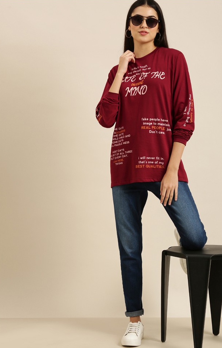 Difference of Opinion | Women's Maroon Cotton Typographic Printed Oversized T-Shirt 1