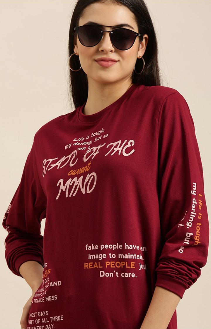 Difference of Opinion | Women's Maroon Cotton Typographic Printed Oversized T-Shirt 2