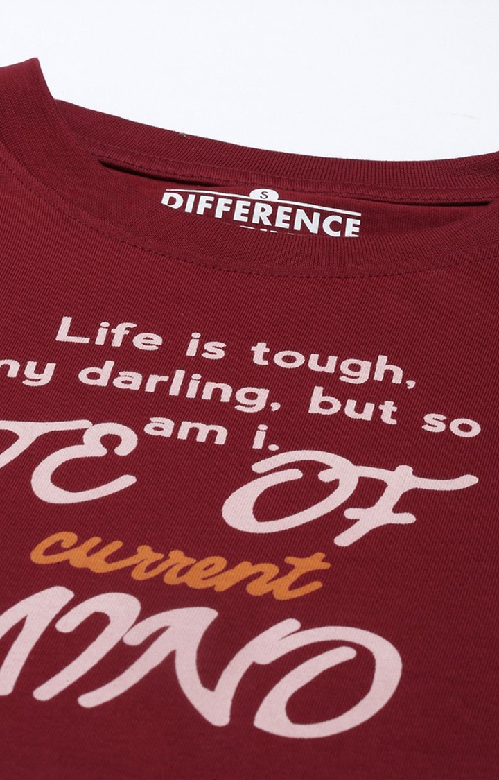Difference of Opinion | Women's Maroon Cotton Typographic Printed Oversized T-Shirt 4