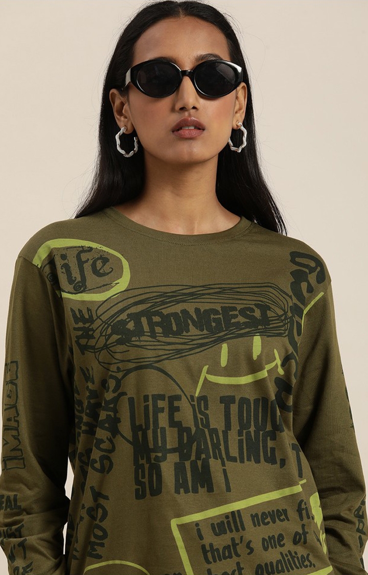 Difference of Opinion | Women's Olive Green Cotton Typographic Printed Oversized T-Shirt 2