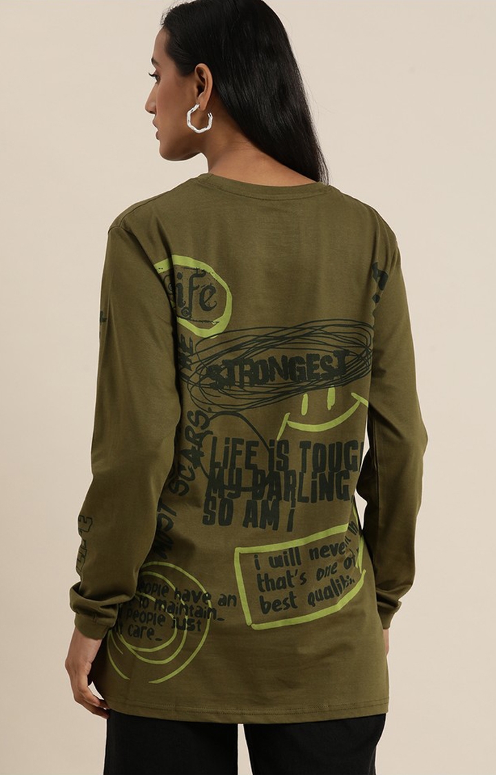 Difference of Opinion | Women's Olive Green Cotton Typographic Printed Oversized T-Shirt 3
