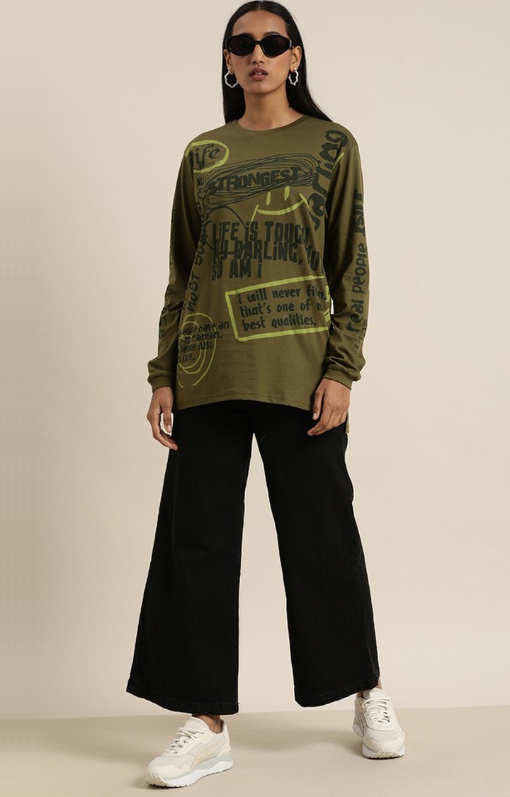 Difference of Opinion | Women's Olive Green Cotton Typographic Printed Oversized T-Shirt 1