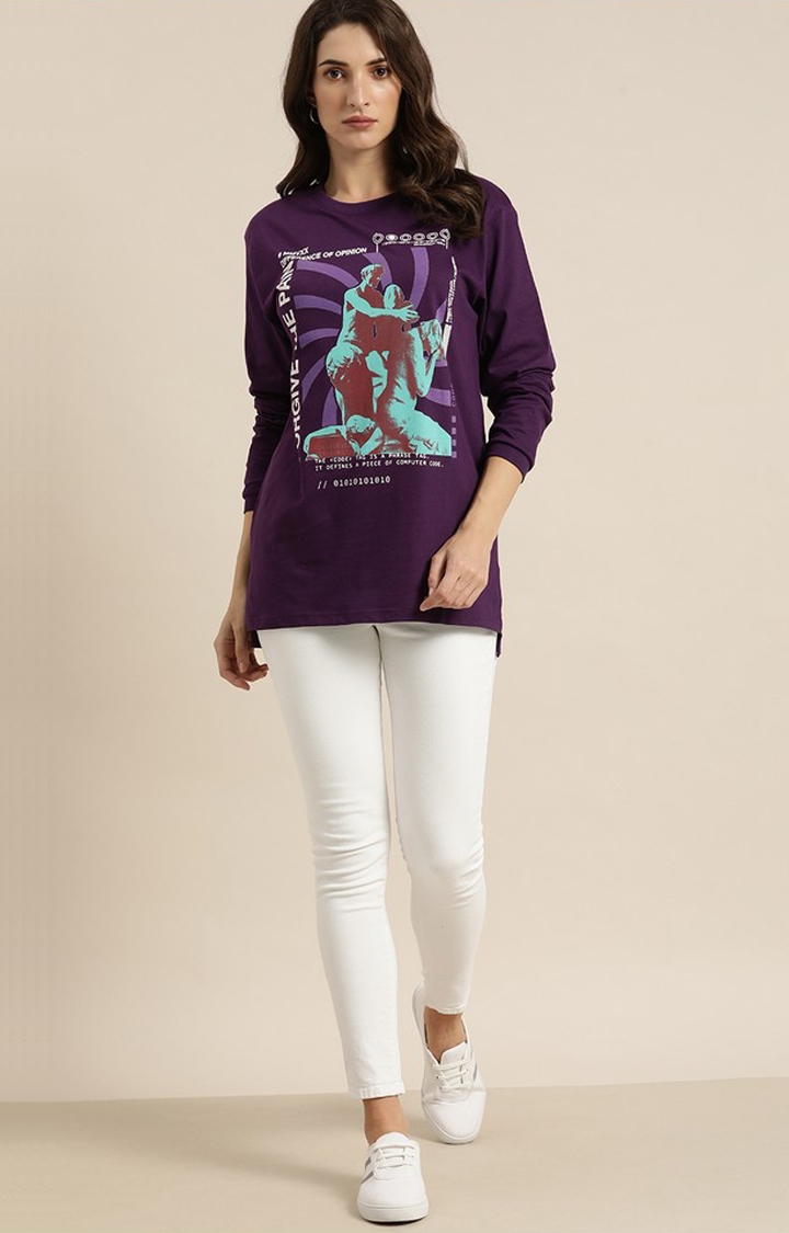 Difference of Opinion | Women's Grape Royal Cotton Graphic Printed Oversized T-Shirt 1