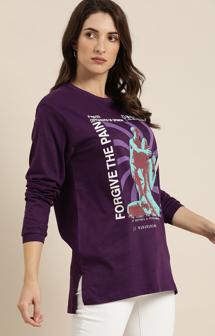 Difference of Opinion | Women's Grape Royal Cotton Graphic Printed Oversized T-Shirt 0