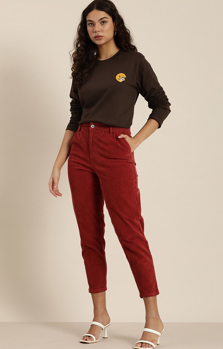Women's Chocolate Brown Cotton Graphic Printed Oversized T-Shirt