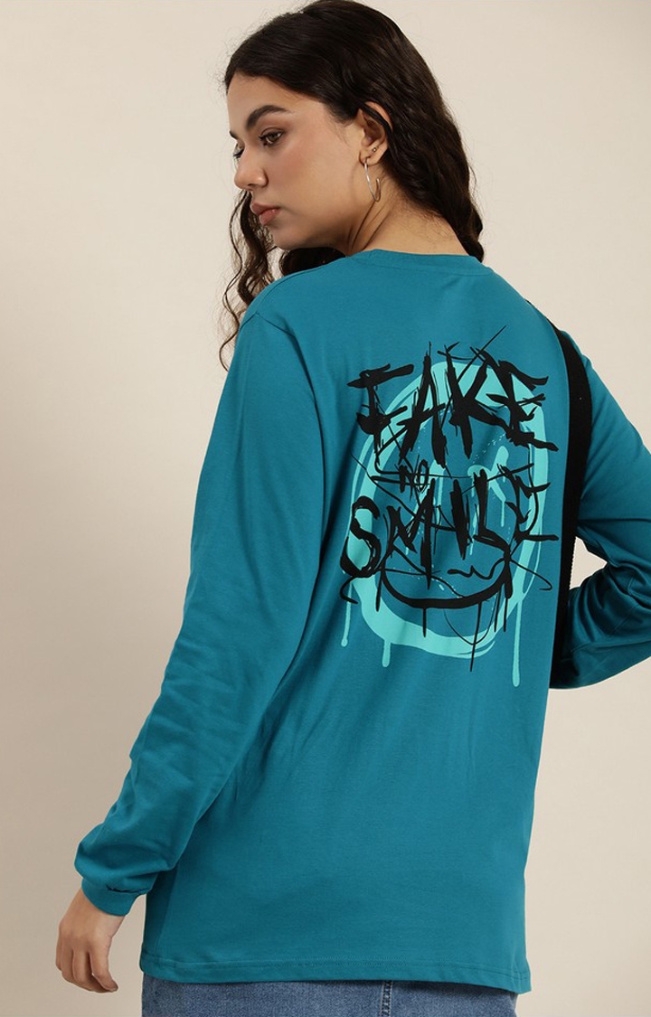 Difference of Opinion | Women's Ink Blue Cotton Graphic Printed Oversized T-Shirt