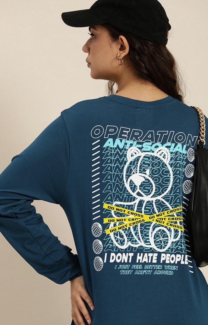 Women's Blue Cotton Graphic Printed Oversized T-Shirt