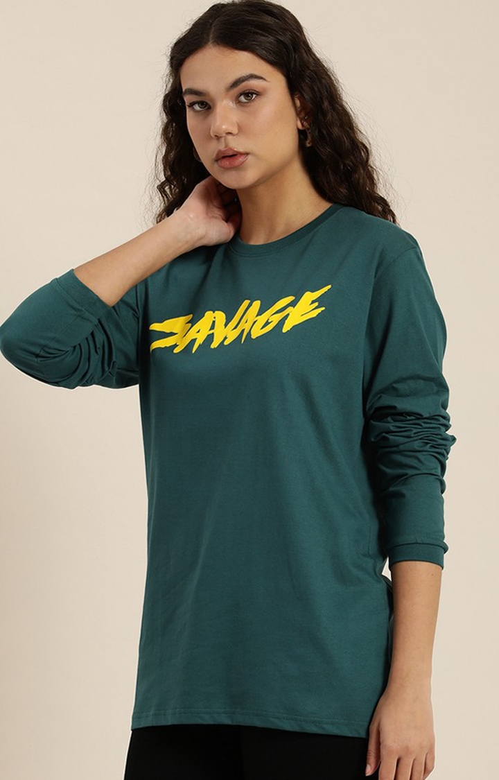 Women's Green Cotton Graphic Printed Oversized T-Shirt