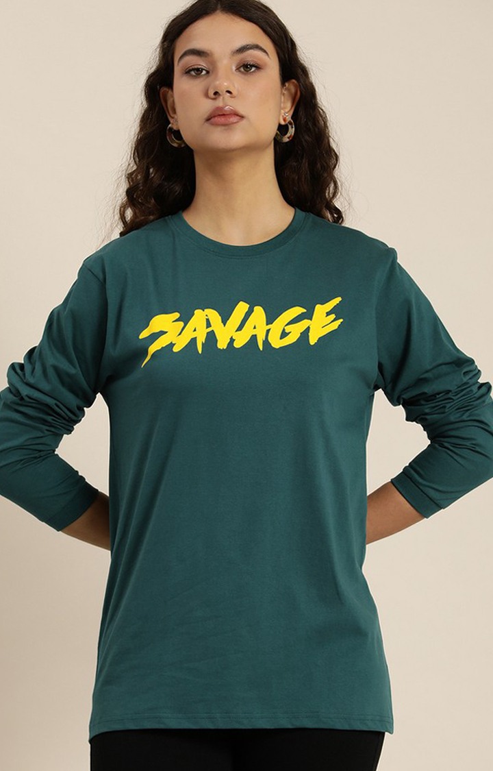 Women's Green Cotton Graphic Printed Oversized T-Shirt