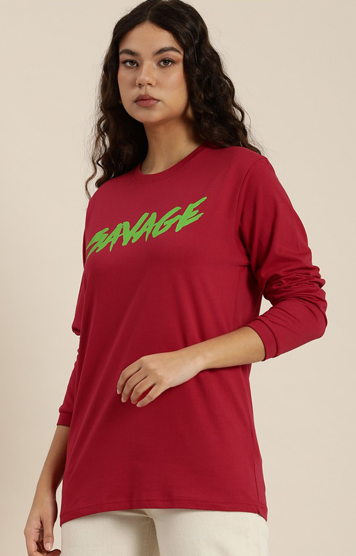 Women's Red Cotton Graphic Printed Oversized T-Shirt