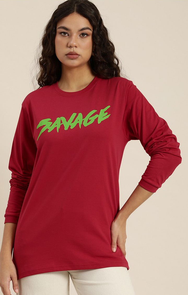 Women's Red Cotton Graphic Printed Oversized T-Shirt