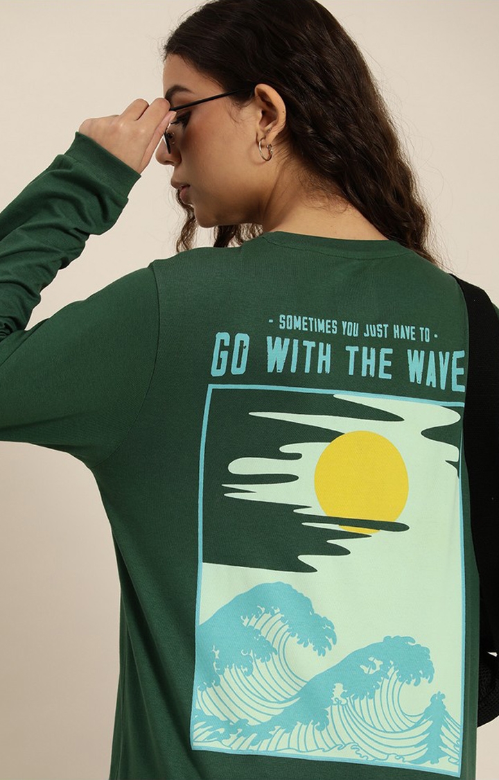 Difference of Opinion | Women's Dark Green Cotton Graphic Printed Oversized T-Shirt
