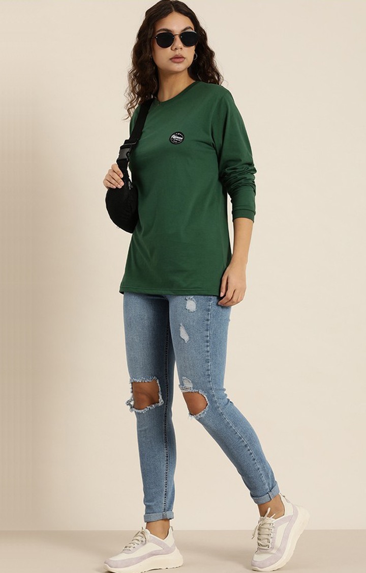 Women's Dark Green Cotton Graphic Printed Oversized T-Shirt