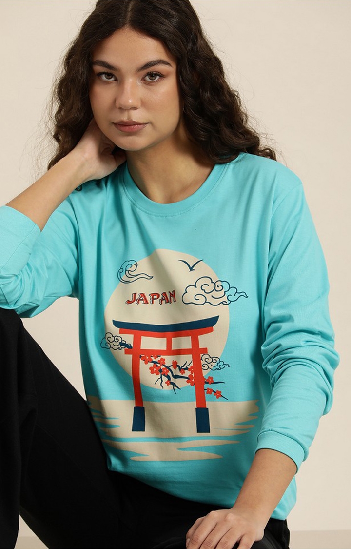 Women's Turquoise Cotton Graphic Printed Oversized T-Shirt