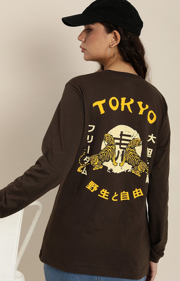 Women's Chocolate Brown Cotton Graphic Printed Oversized T-Shirt