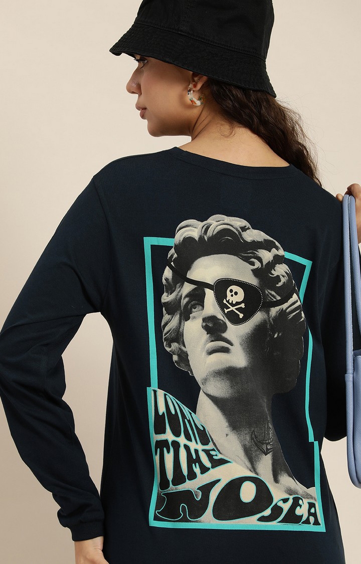 Difference of Opinion | Women's Navy Cotton Graphic Printed Oversized T-Shirt