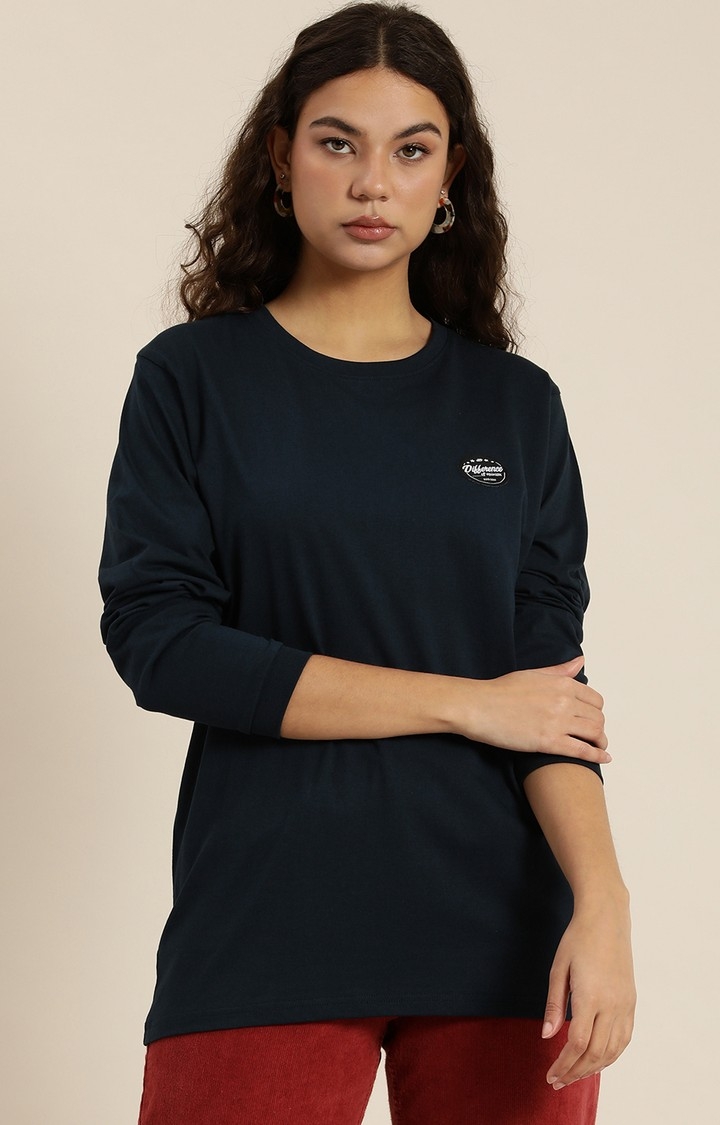 Women's Navy Cotton Graphic Printed Oversized T-Shirt