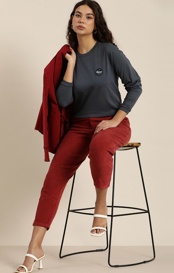 Women's Dark Grey Cotton Graphic Printed Oversized T-Shirt
