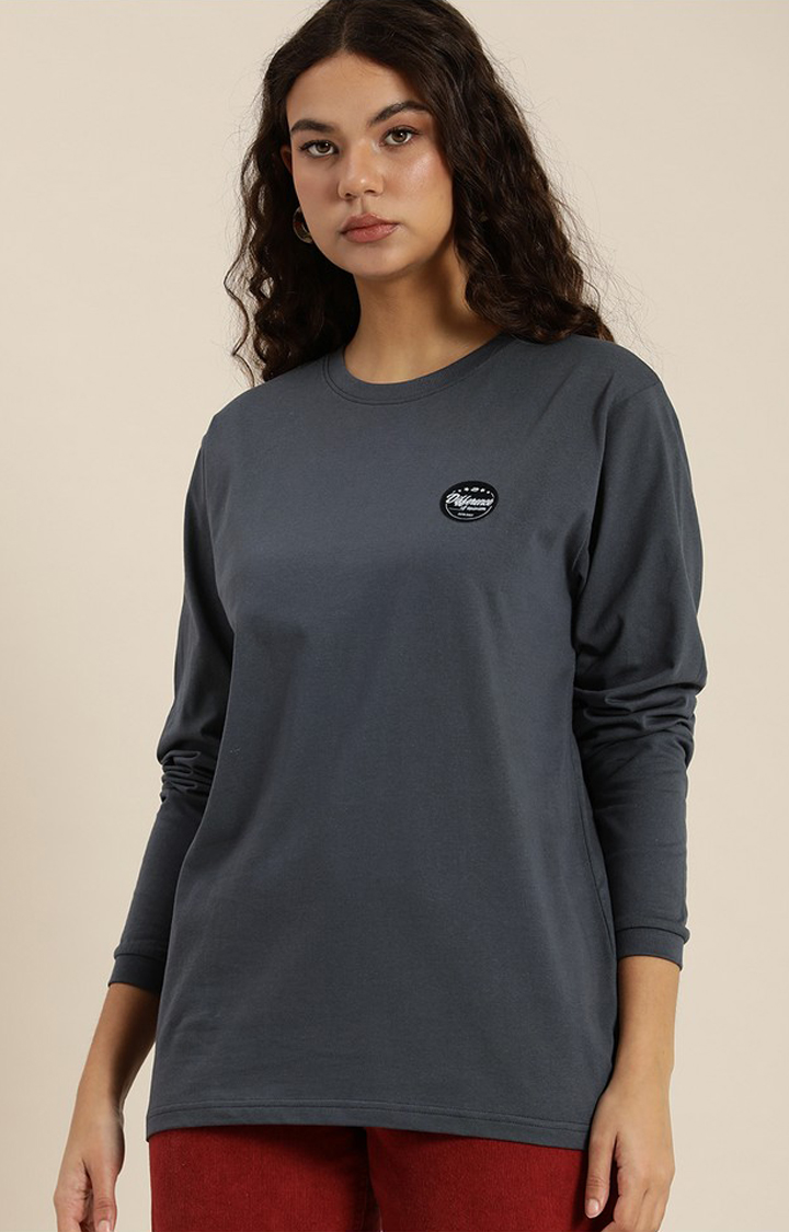 Women's Dark Grey Cotton Graphic Printed Oversized T-Shirt