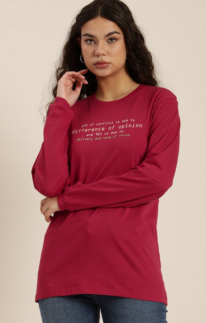 Women's Red Cotton Graphic Printed Oversized T-Shirt