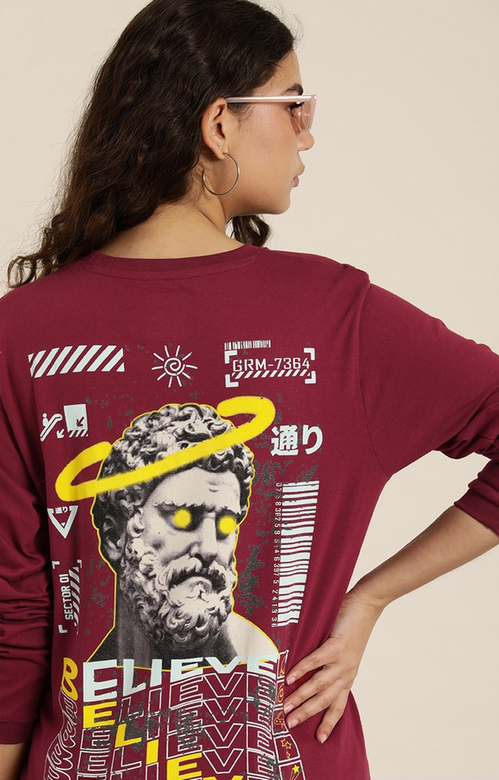 Difference of Opinion | Women's Maroon Cotton Graphic Printed Oversized T-Shirt