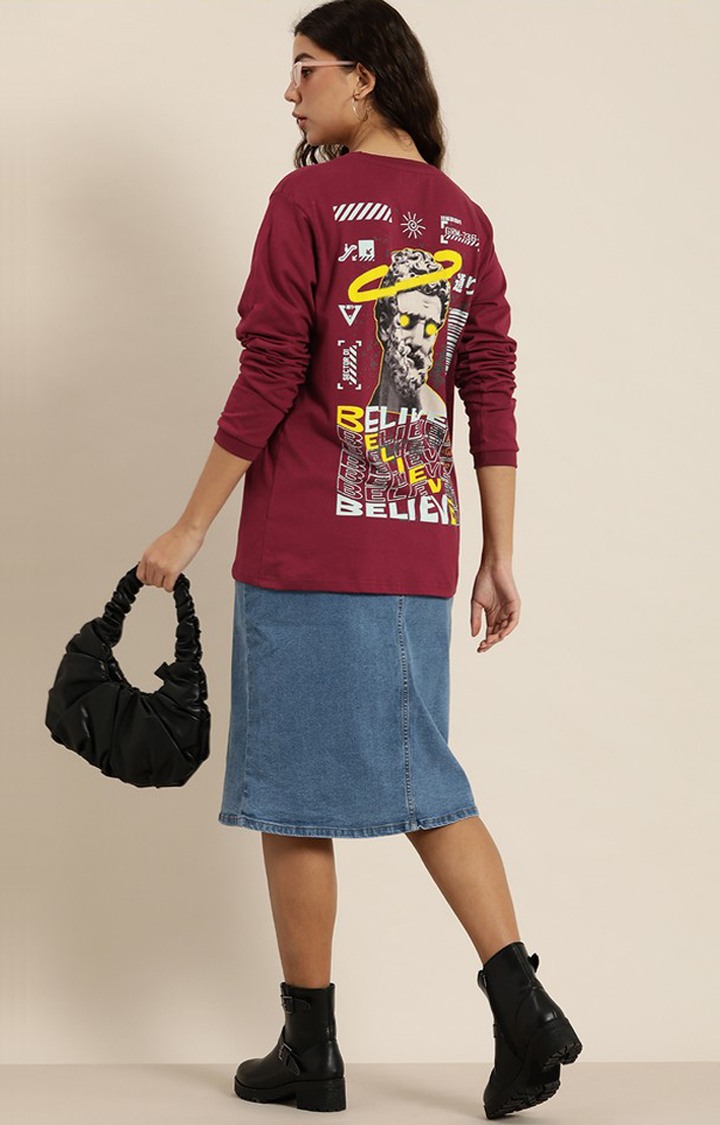 Women's Maroon Cotton Graphic Printed Oversized T-Shirt