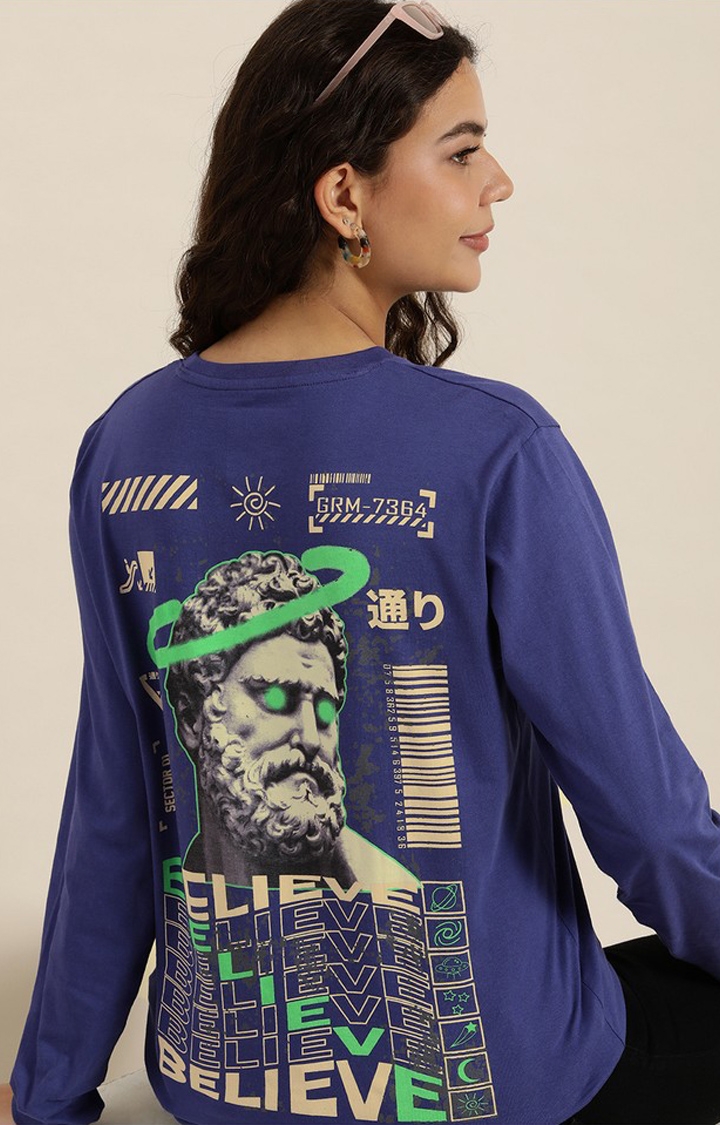 Women's Navy Blue Cotton Graphic Printed Oversized T-Shirt