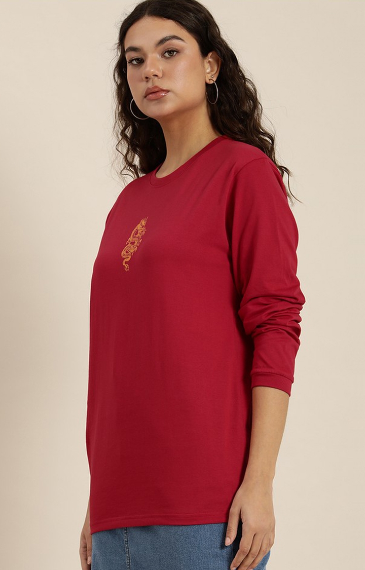 Women's Red Cotton Graphic Printed Oversized T-Shirt