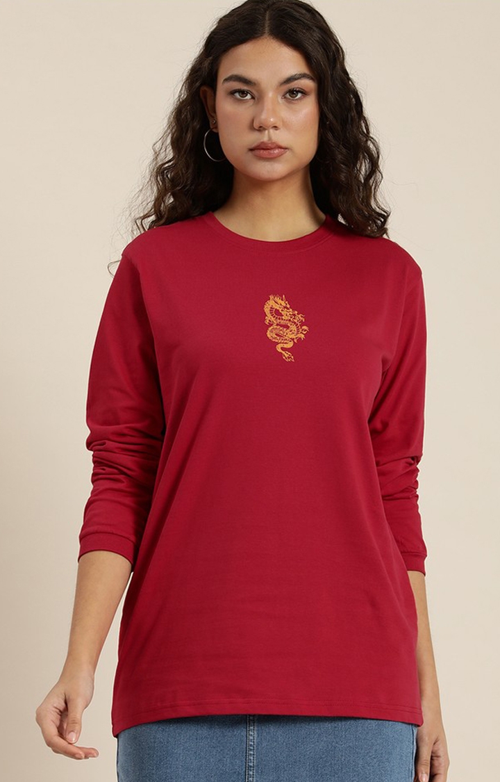 Women's Red Cotton Graphic Printed Oversized T-Shirt