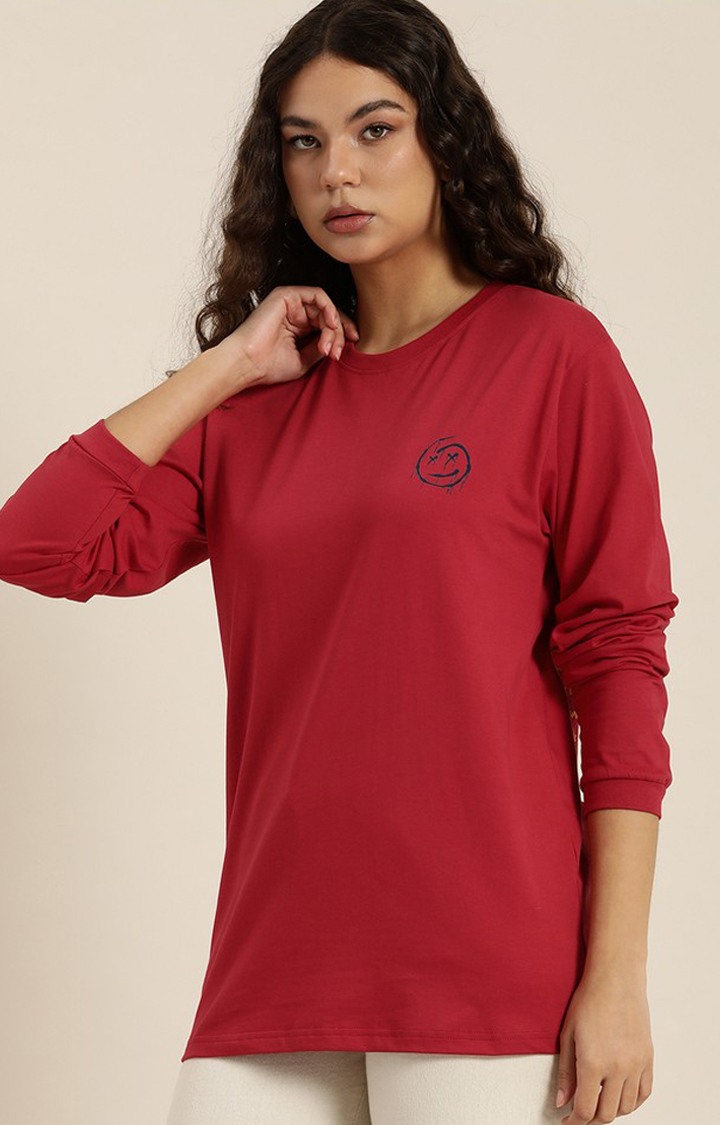 Women's Red Cotton Graphic Printed Oversized T-Shirt