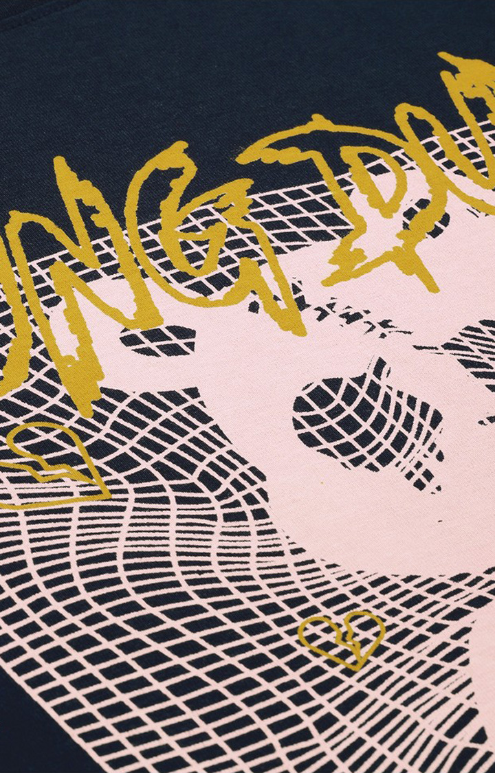 Women's Navy Cotton Graphic Printed Oversized T-Shirt
