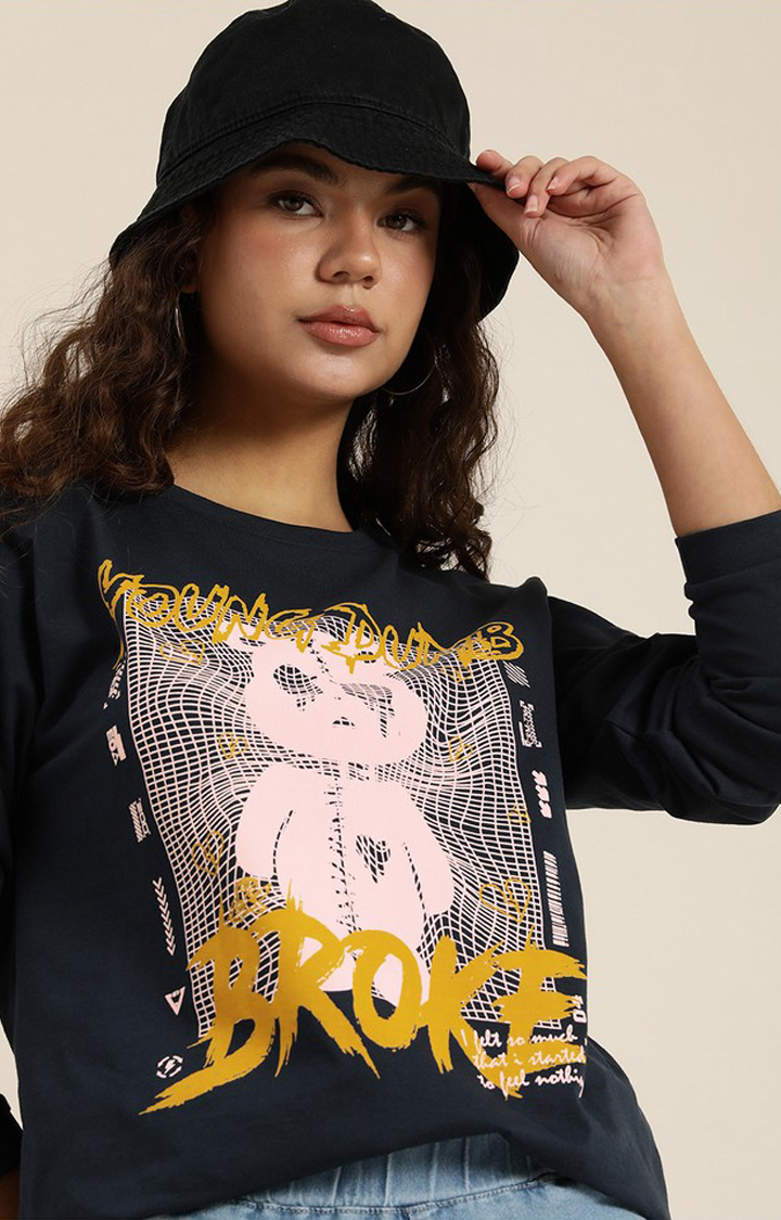Women's Navy Cotton Graphic Printed Oversized T-Shirt