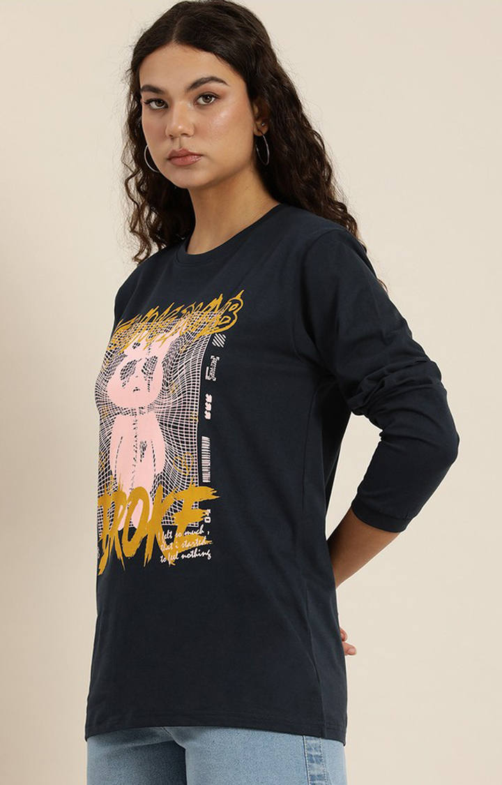 Women's Navy Cotton Graphic Printed Oversized T-Shirt