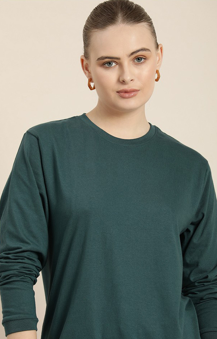Women's Green Cotton Solid Oversized T-Shirt