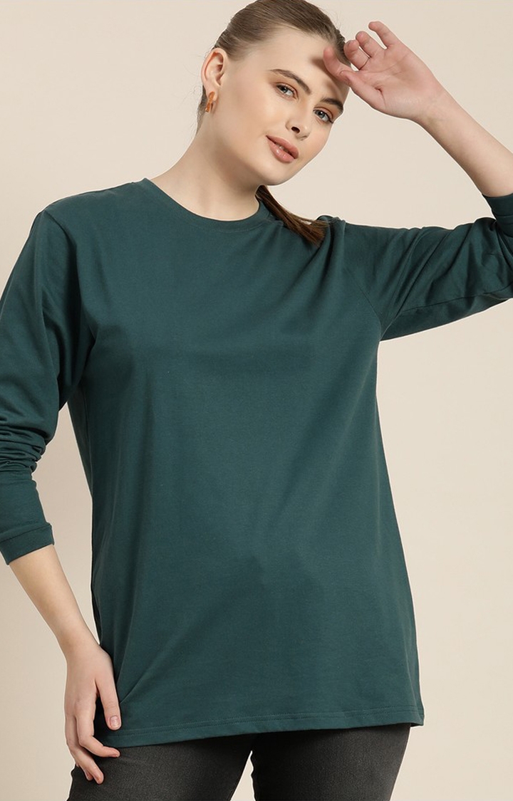 Difference of Opinion | Women's Green Cotton Solid Oversized T-Shirt