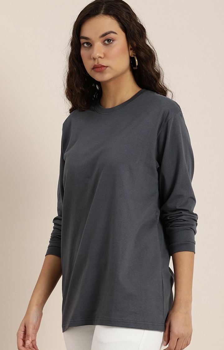Difference of Opinion | Women's Dark Grey Cotton Solid Oversized T-Shirt