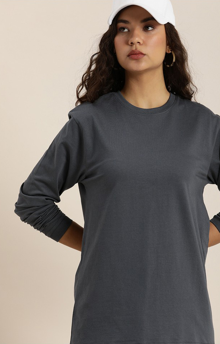 Women's Dark Grey Cotton Solid Oversized T-Shirt