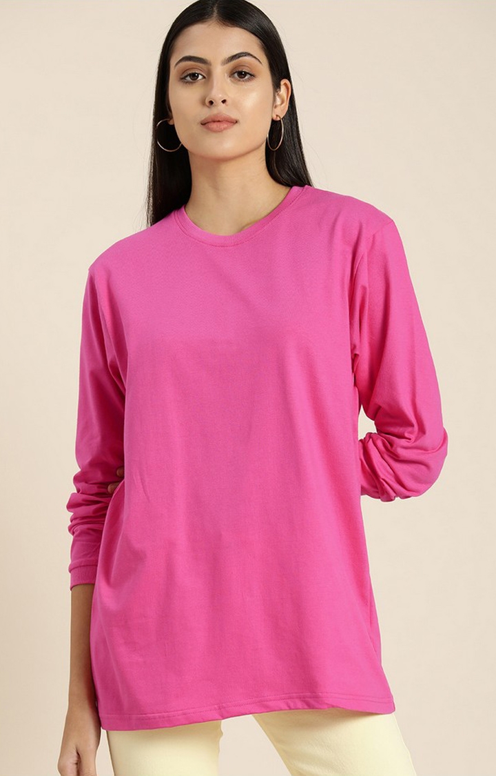 Difference of Opinion | Women's Fuschia Rose Cotton Solid Oversized T-Shirt