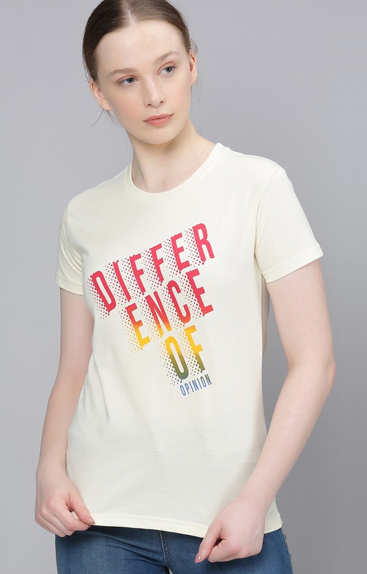 Difference of Opinion | Women's Off White Cotton Typographic Printed Regular T-Shirt 0