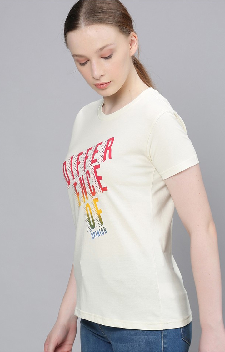 Difference of Opinion | Women's Off White Cotton Typographic Printed Regular T-Shirt 2